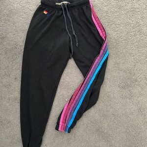 Aviator Nation Black and Pink Track Pants with Chevron Stripes